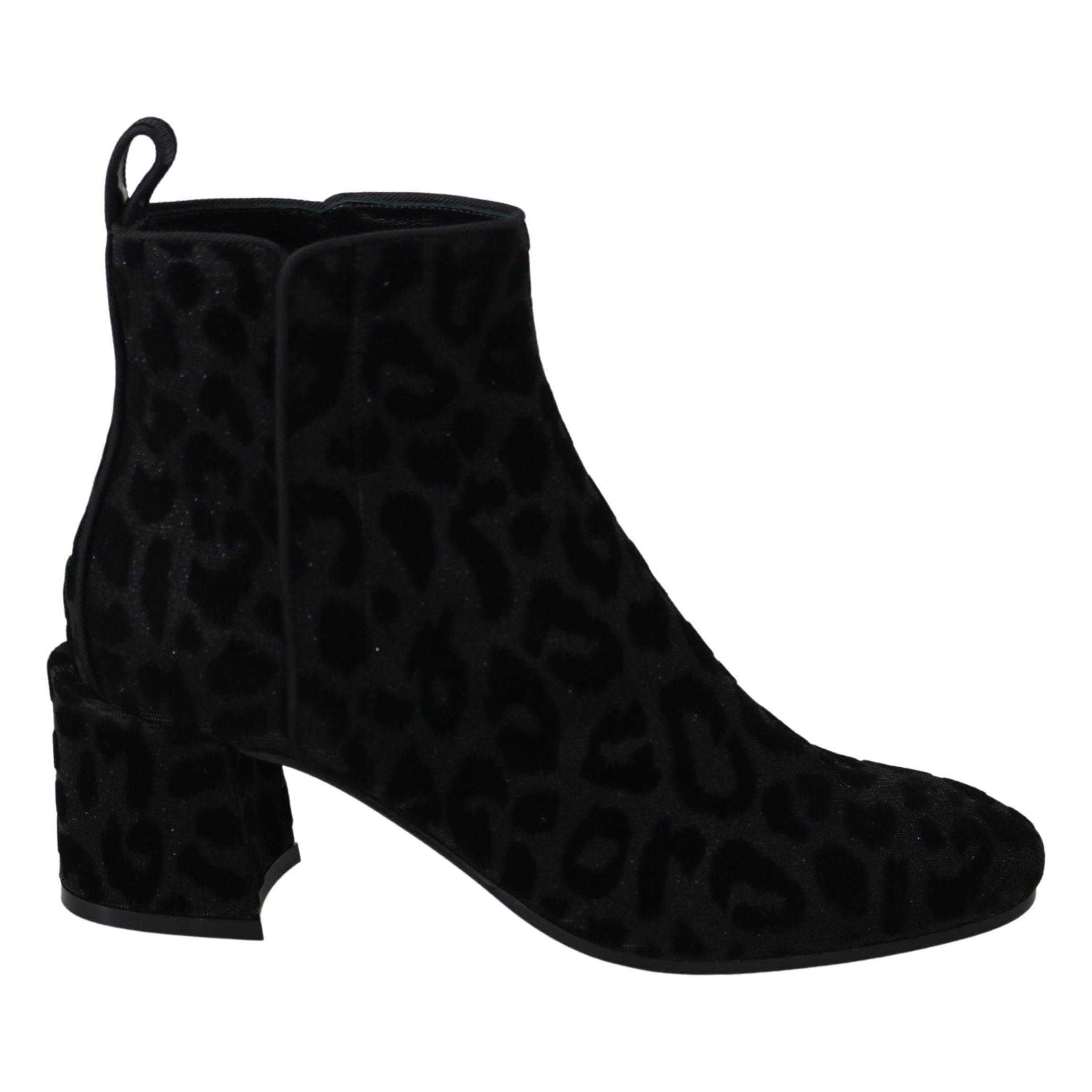 DOLCE & GABBANA Black Leopard Short Zipper Boots