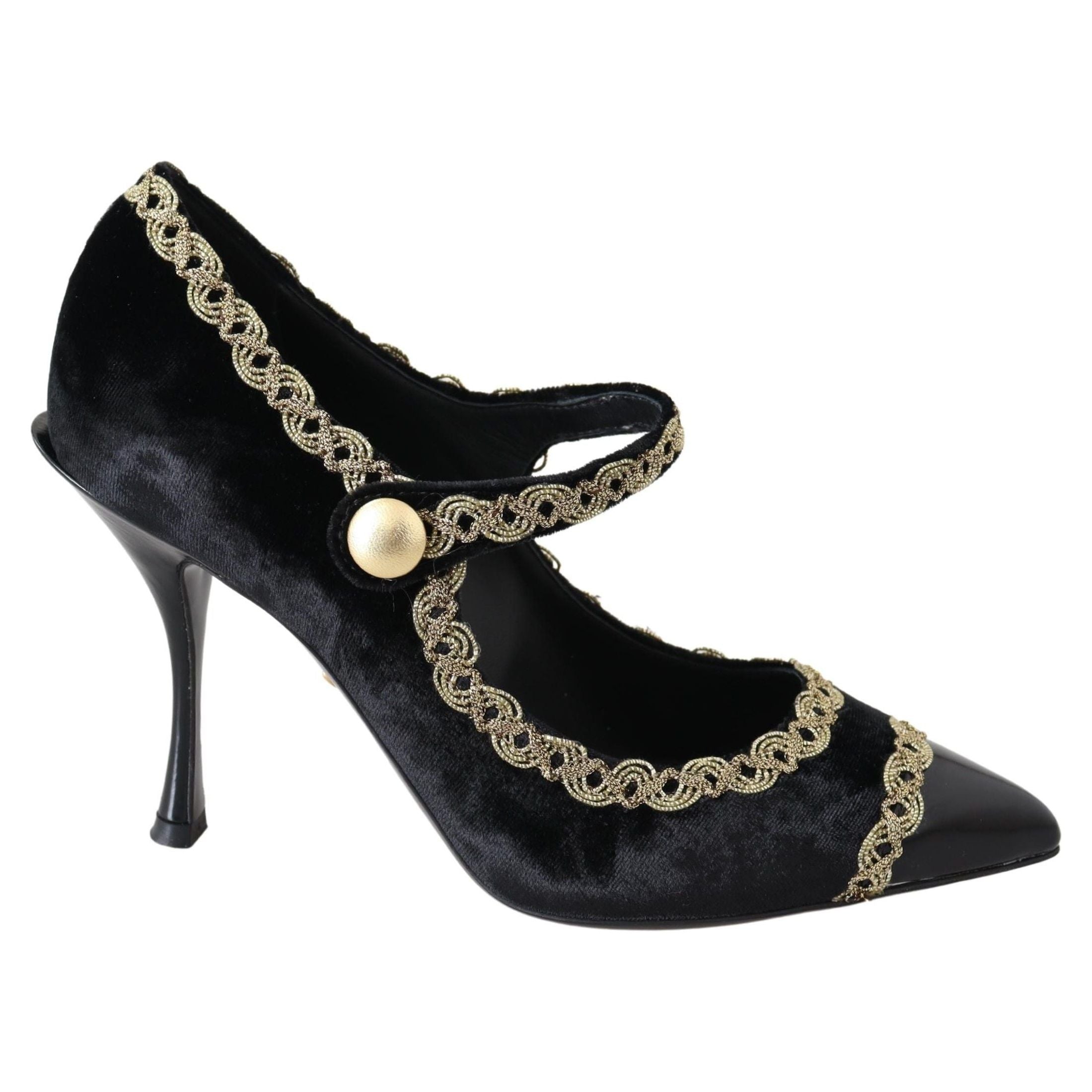 DOLCE & GABBANA Black Velvet Gold Mary Janes Heels