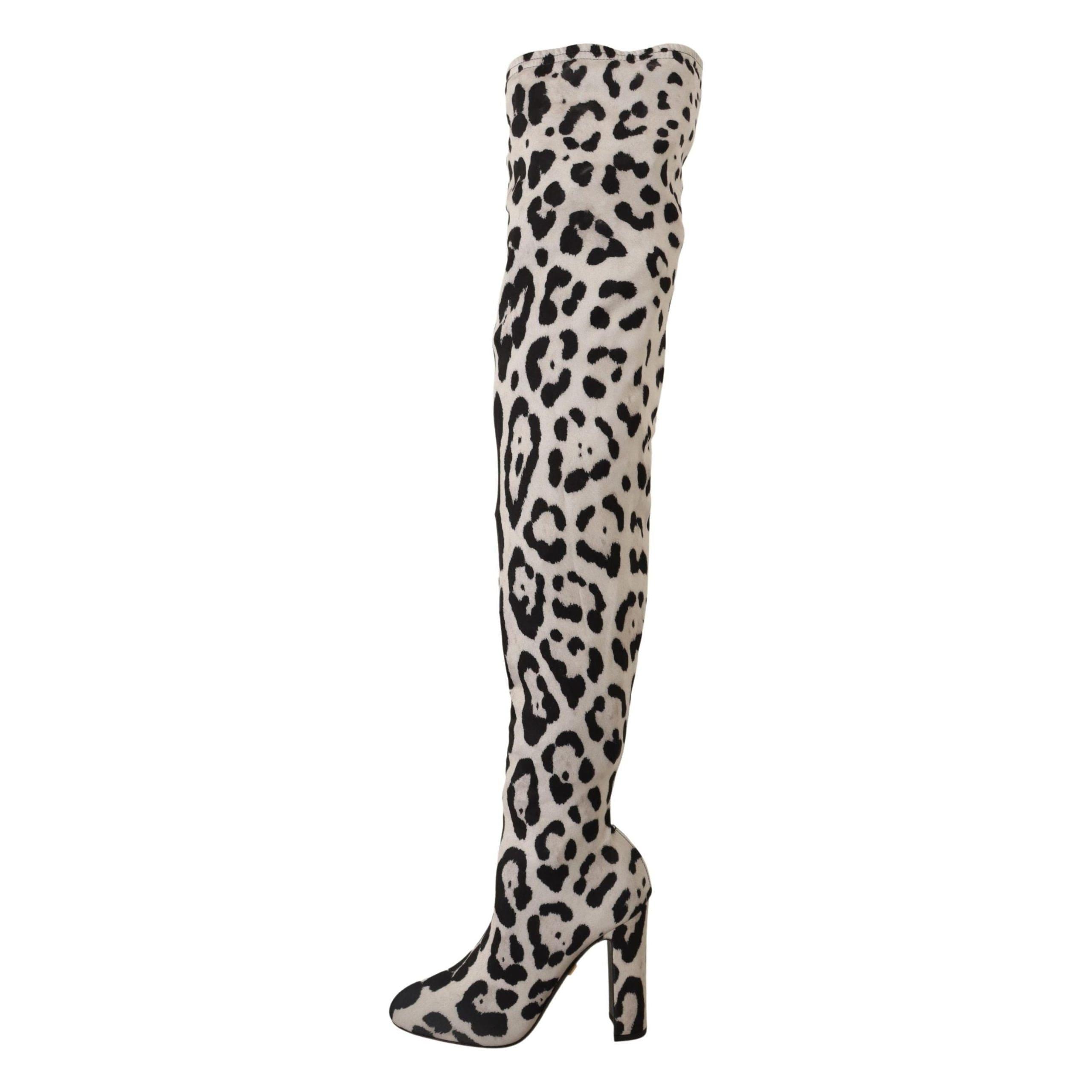 DOLCE & GABBANA White Black Leopard Stretch Long Boots