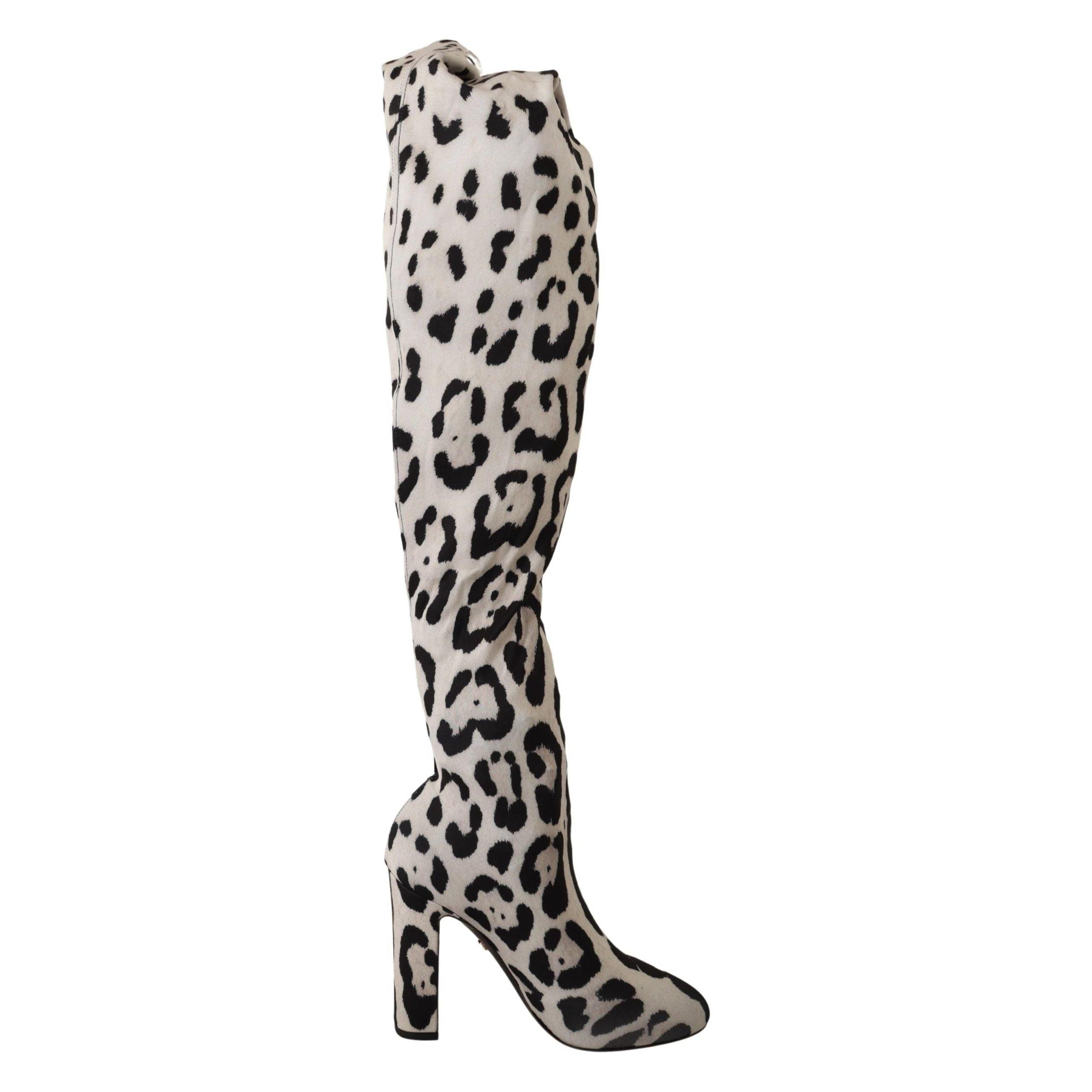 DOLCE & GABBANA White Black Leopard Stretch Long Boots