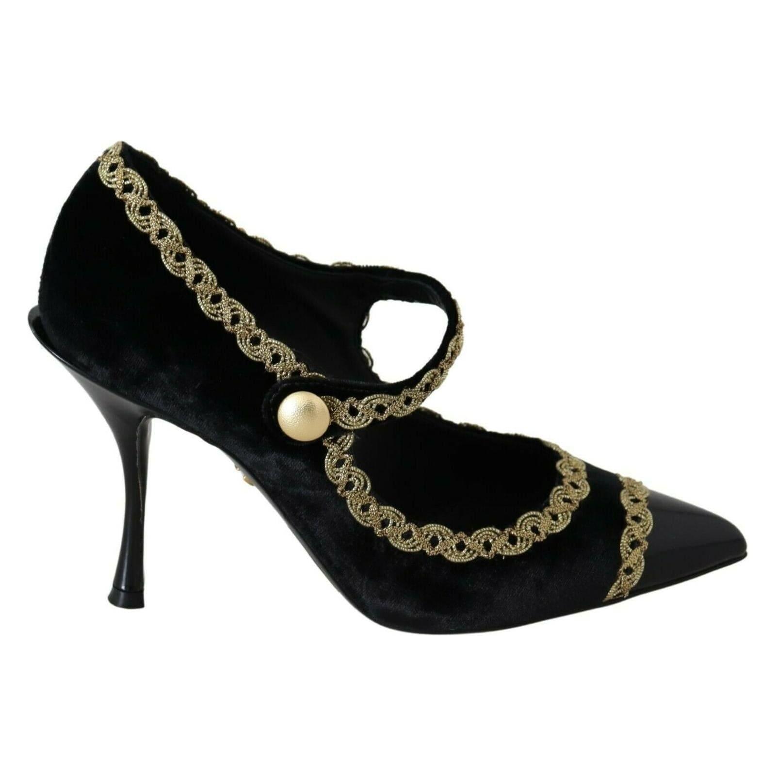 DOLCE & GABBANA Black Embellished Velvet Mary Jane Pumps