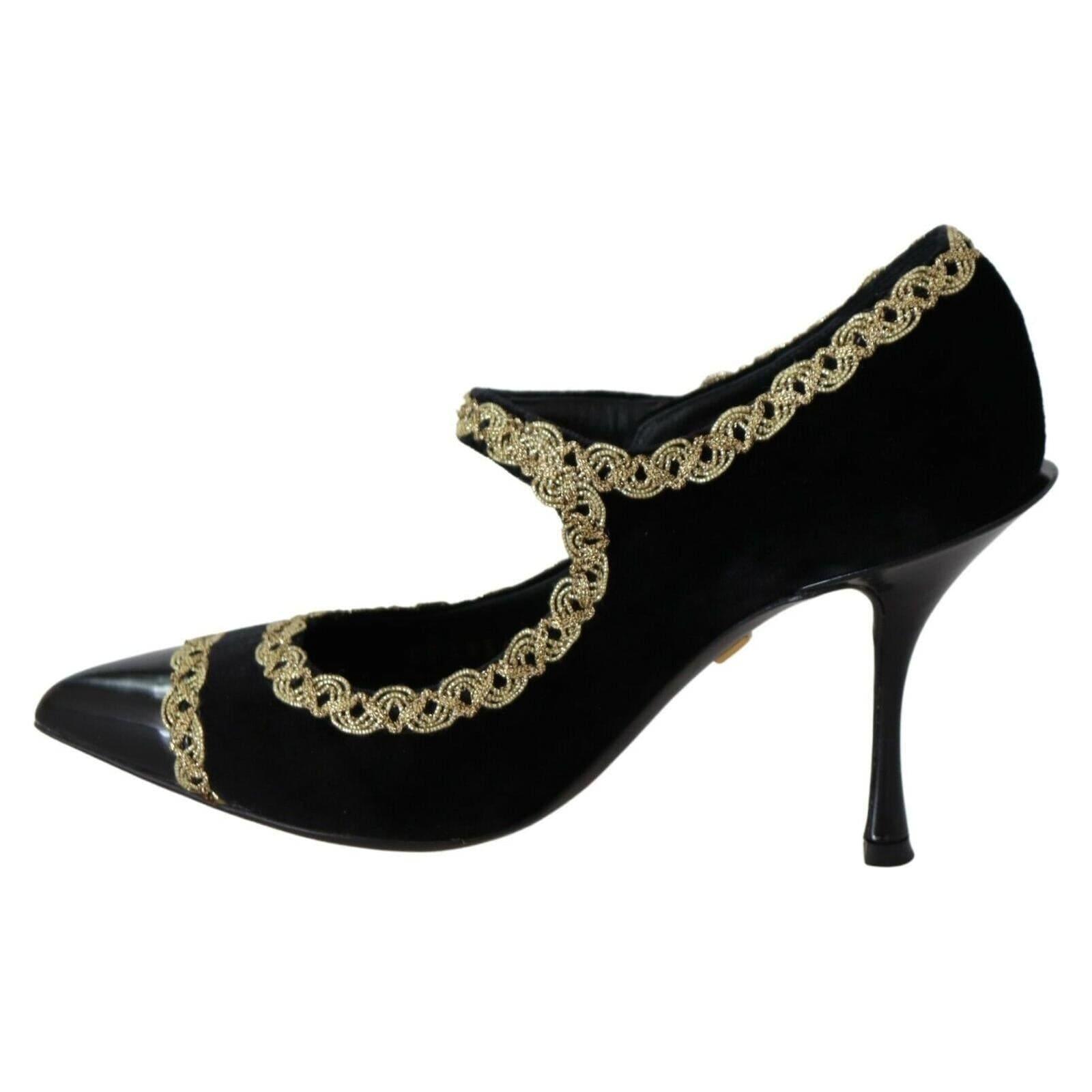 DOLCE & GABBANA Black Embellished Velvet Mary Jane Pumps