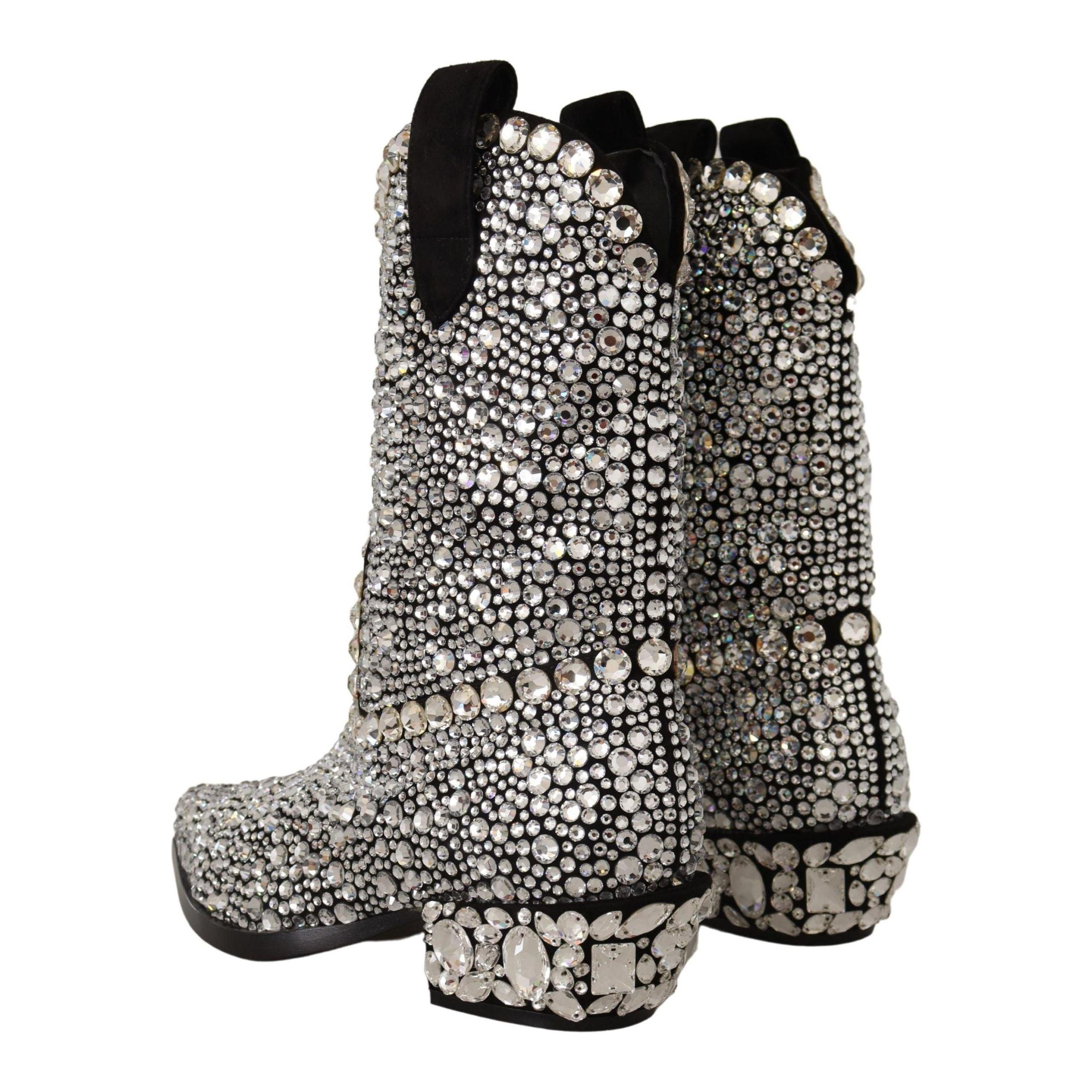 DOLCE & GABBANA Black Suede Strass Crystal Cowgirl Boots