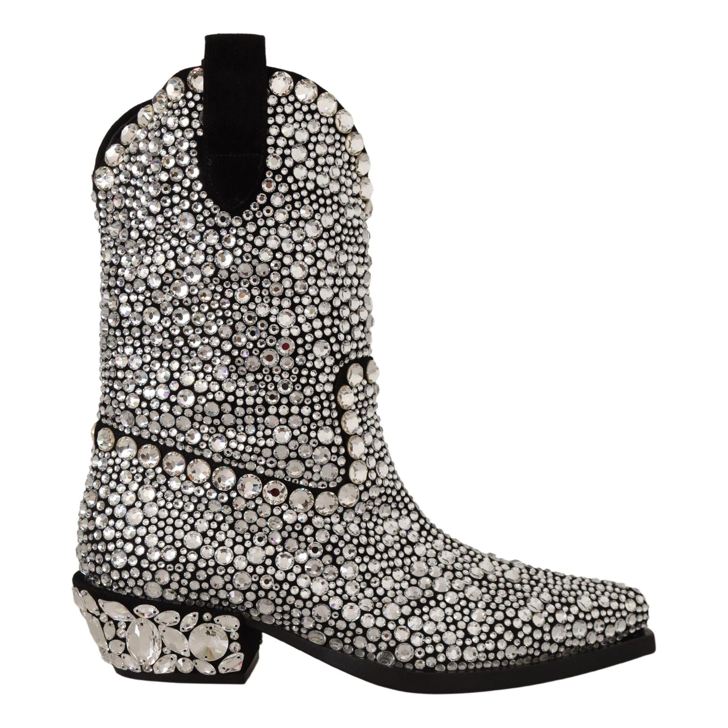 DOLCE & GABBANA Black Suede Strass Crystal Cowgirl Boots