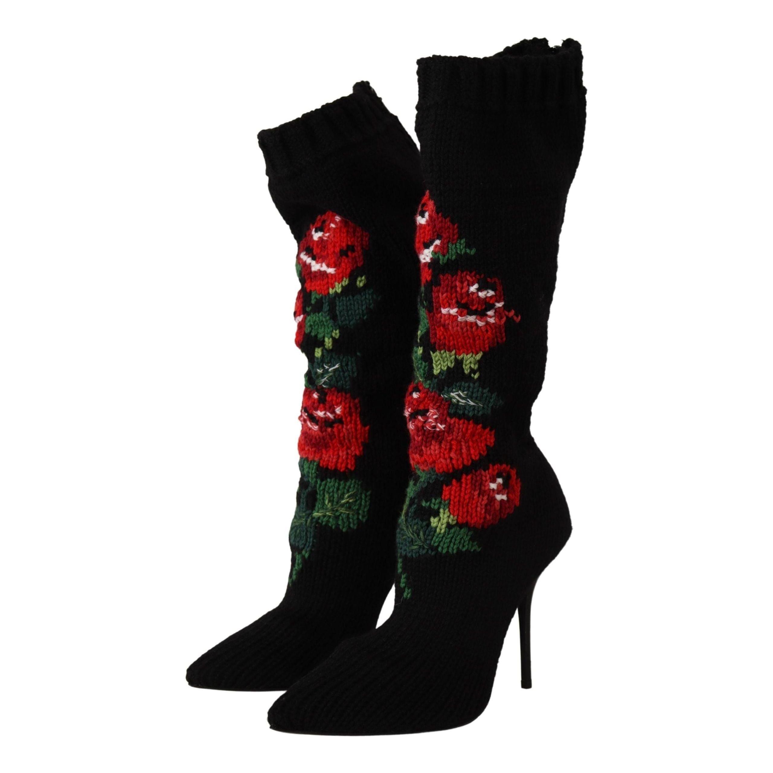 DOLCE & GABBANA Black Stretch Socks Red Roses Booties Shoes