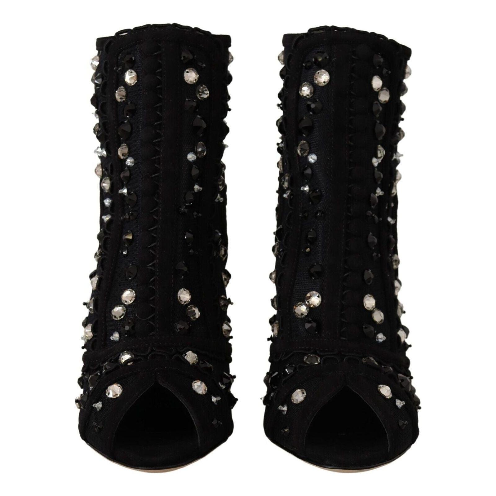 DOLCE & GABBANA Black Crystals Heels Zipper Short Boots