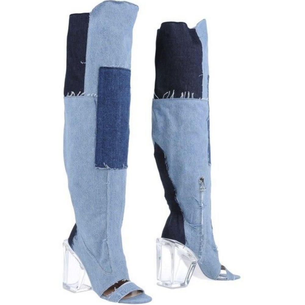 OFF-White Chic Vintage Denim & Transparent Heel Boots